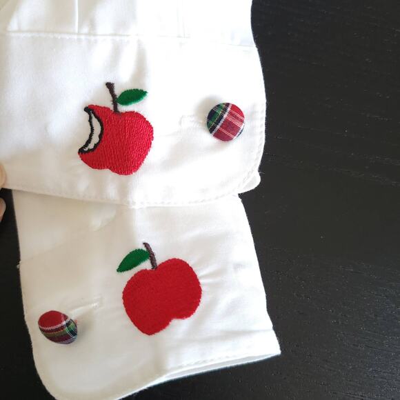 Karen Scott Teacher Button Front Shirt Apple Embroidery Plaid Trim Women Small - Picture 11 of 13